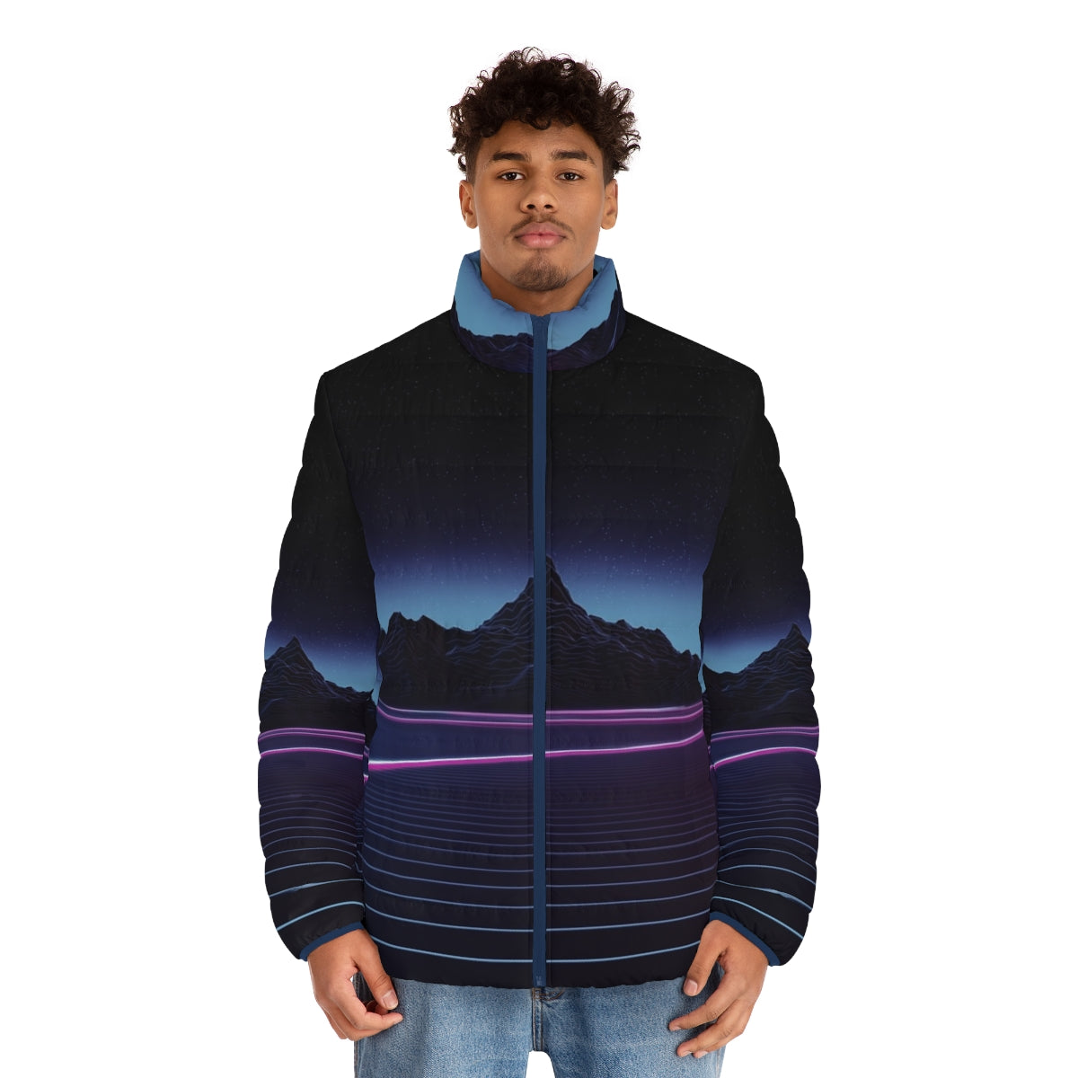 Retro highway puffer jacket with outrun, synthwave, and vaporwave design - men front