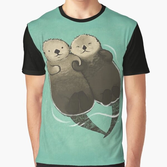 Otters holding hands graphic design on a t-shirt