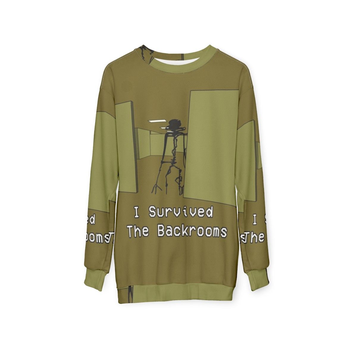 The Backrooms inspired creepy sweatshirt with horror fan art design - hanging