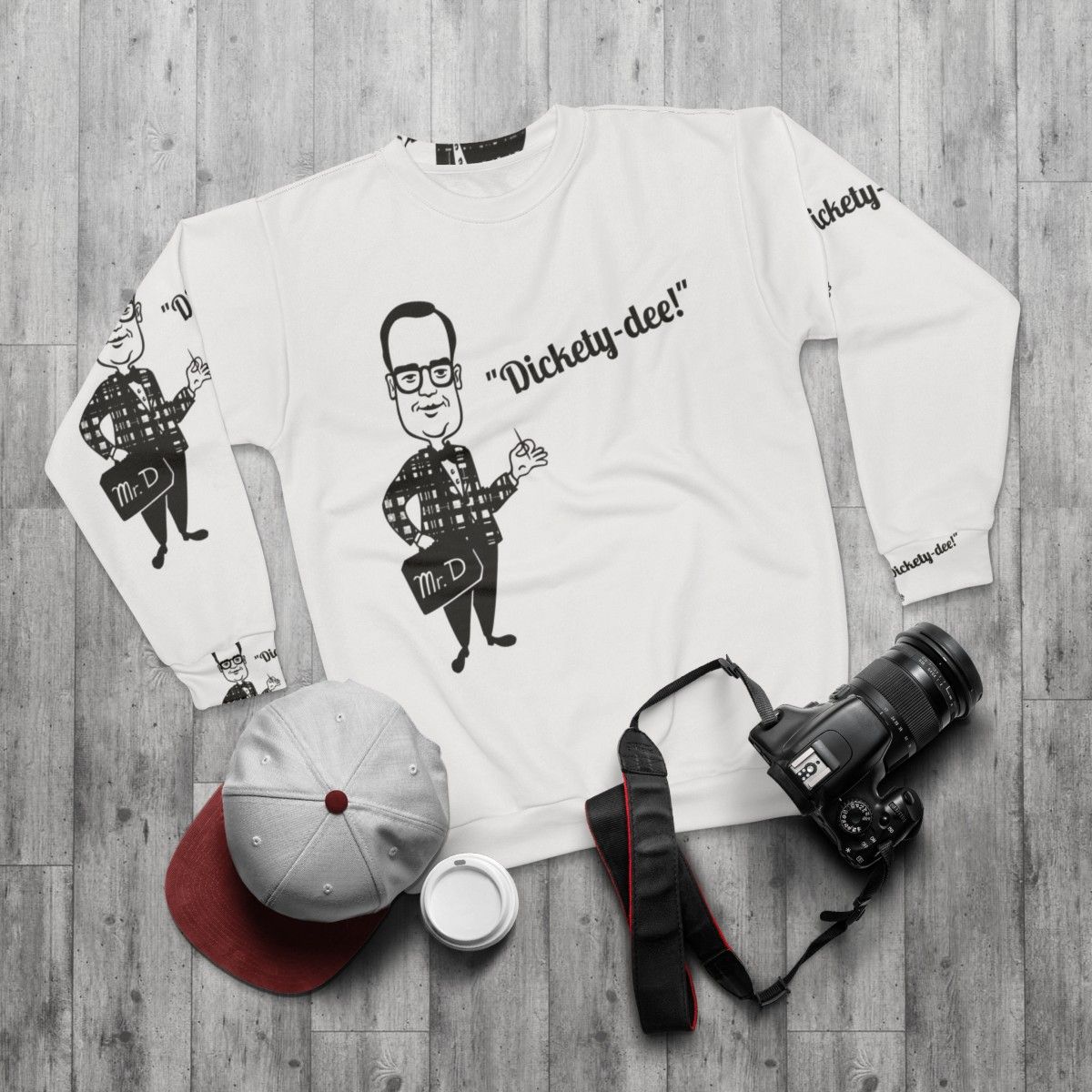 Retro fast food inspired "Mr. Delicious Dickety Dee" sweatshirt - flat lay