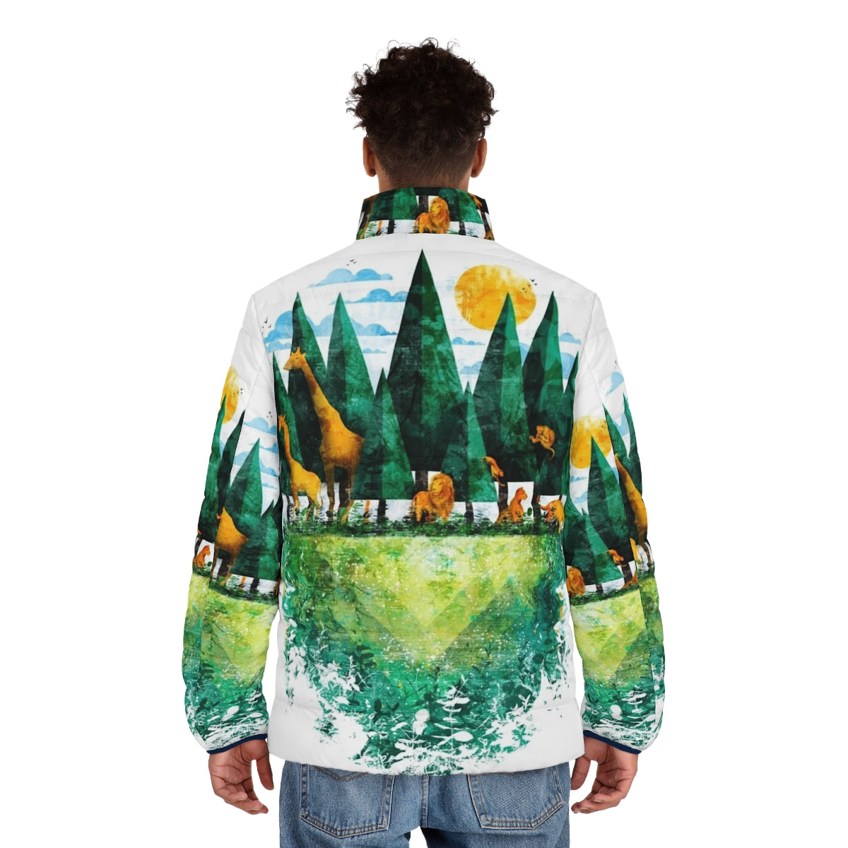 Geo Forest Puffer Jacket with nature and animal graphics - men back