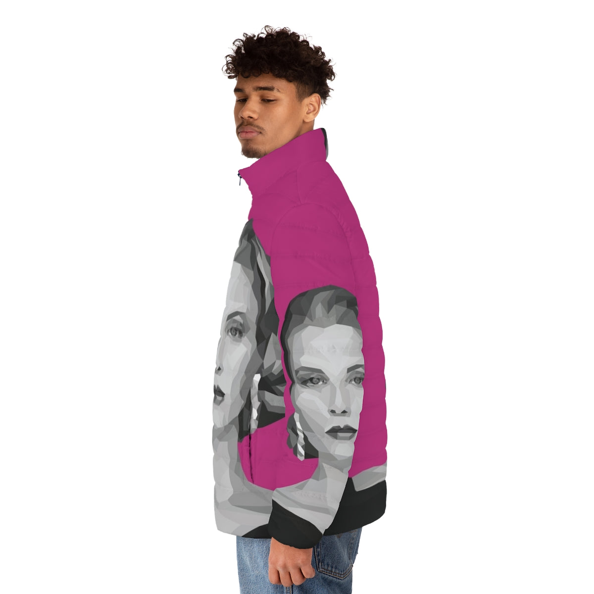 Geometric pink puffer jacket inspired by the classic style of Grace Kelly - men side left