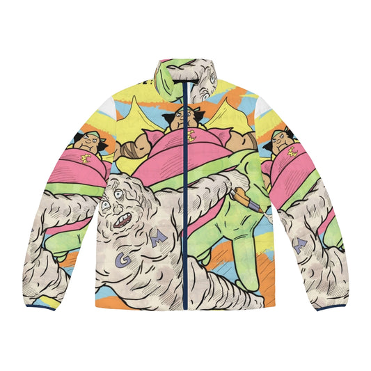 Colorful puffer jacket featuring Cloudman, Glueman, and Moon Alien characters from children's comic