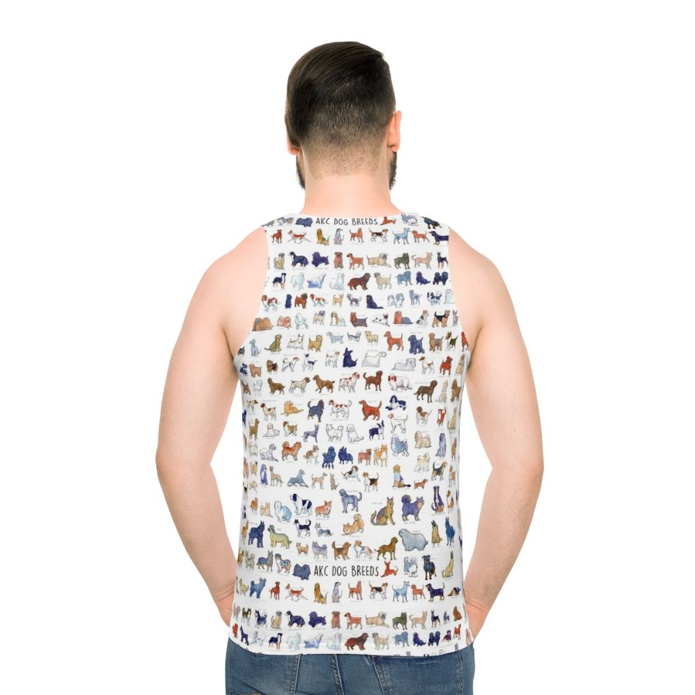 Unisex tank top featuring watercolor illustrations of every AKC dog breed - men back