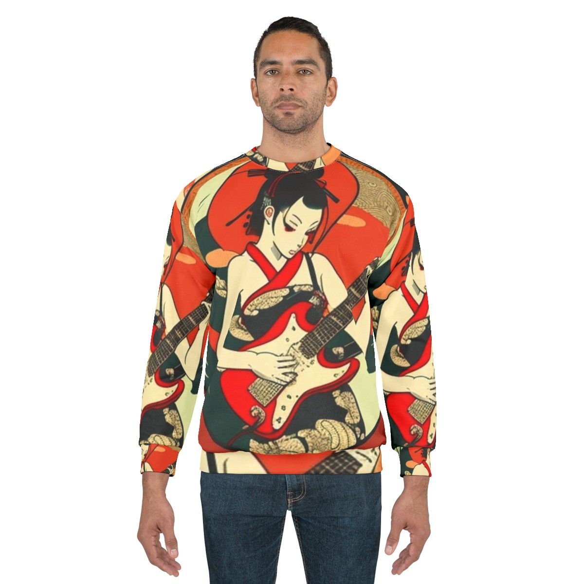 Japanese girl playing guitar on a stylish sweatshirt - men