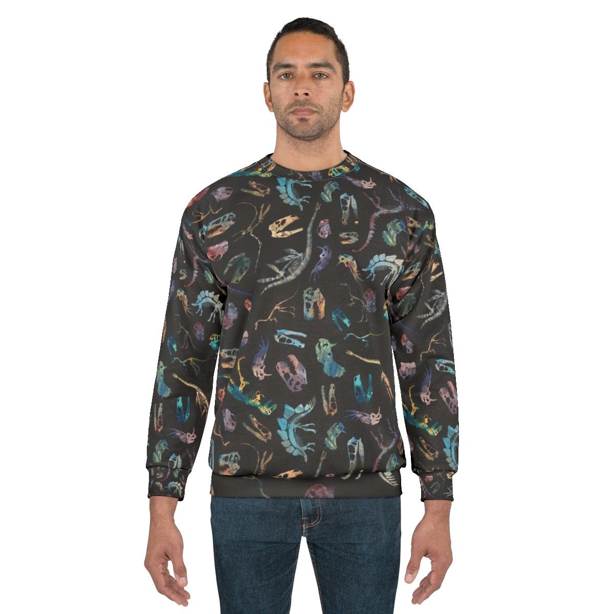 Dark sweatshirt with minimalist dinosaur fossil silhouette pattern - men