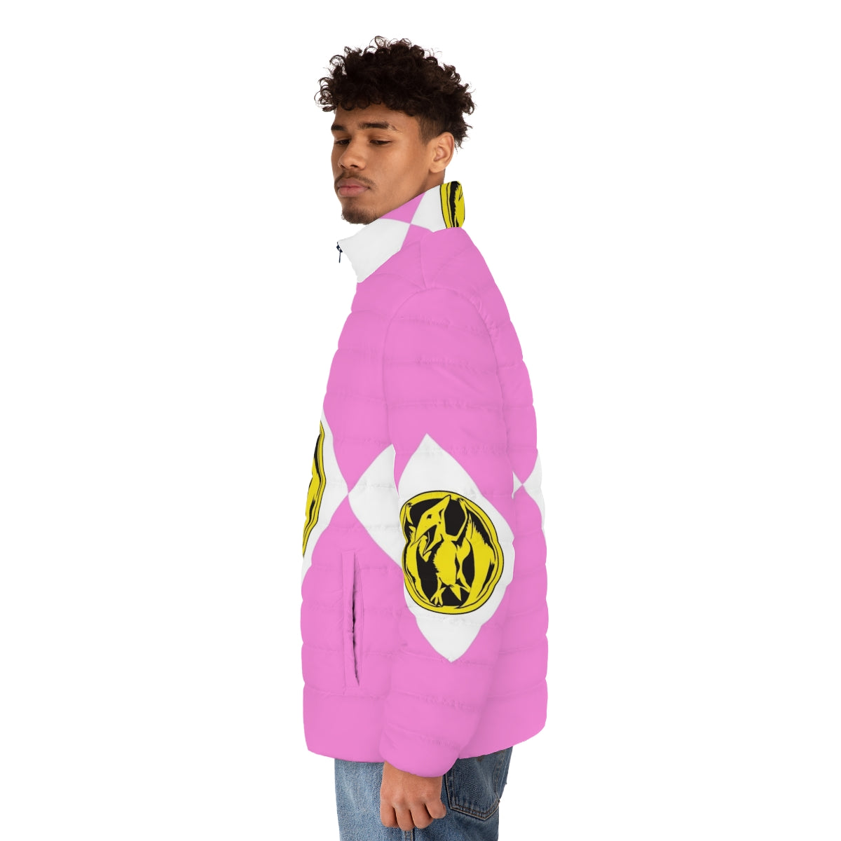 Mighty Morphin Power Rangers Pink Ranger Puffer Jacket with Coin - men side left