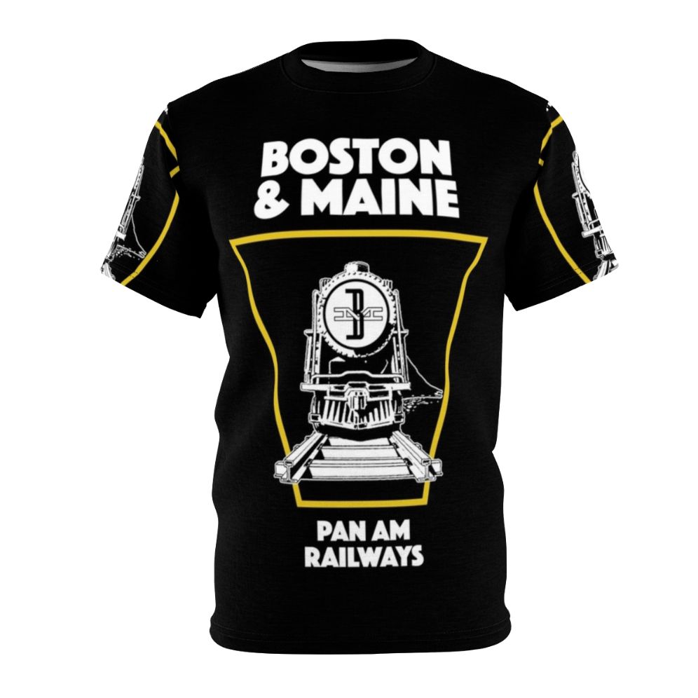 Vintage-style graphic t-shirt featuring a Boston Maine train emblem design