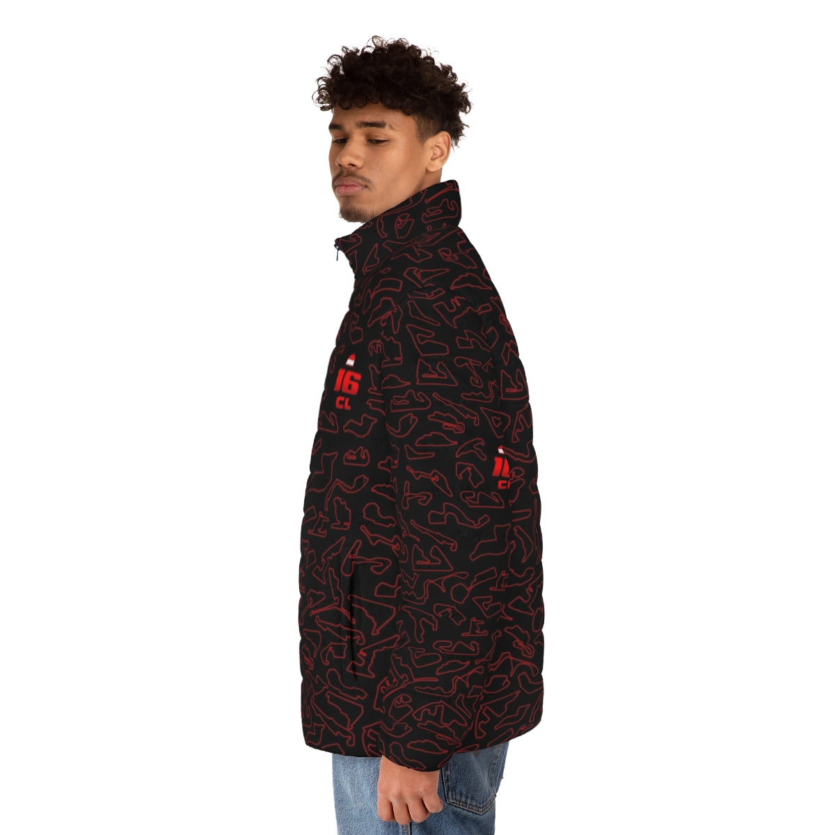 Charles Leclerc Formula 1 driver wearing a red and black puffer jacket with a racing-inspired pattern design - men side left