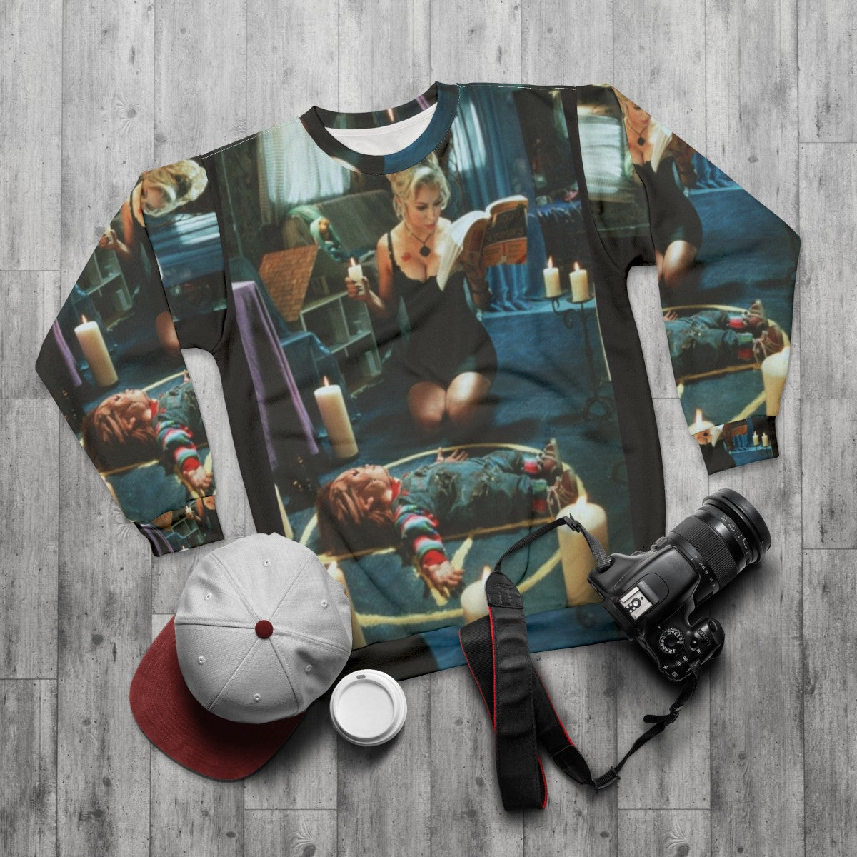 Bride of Chucky Horror Sweatshirt with Tiffany and Chucky Graphic - flat lay