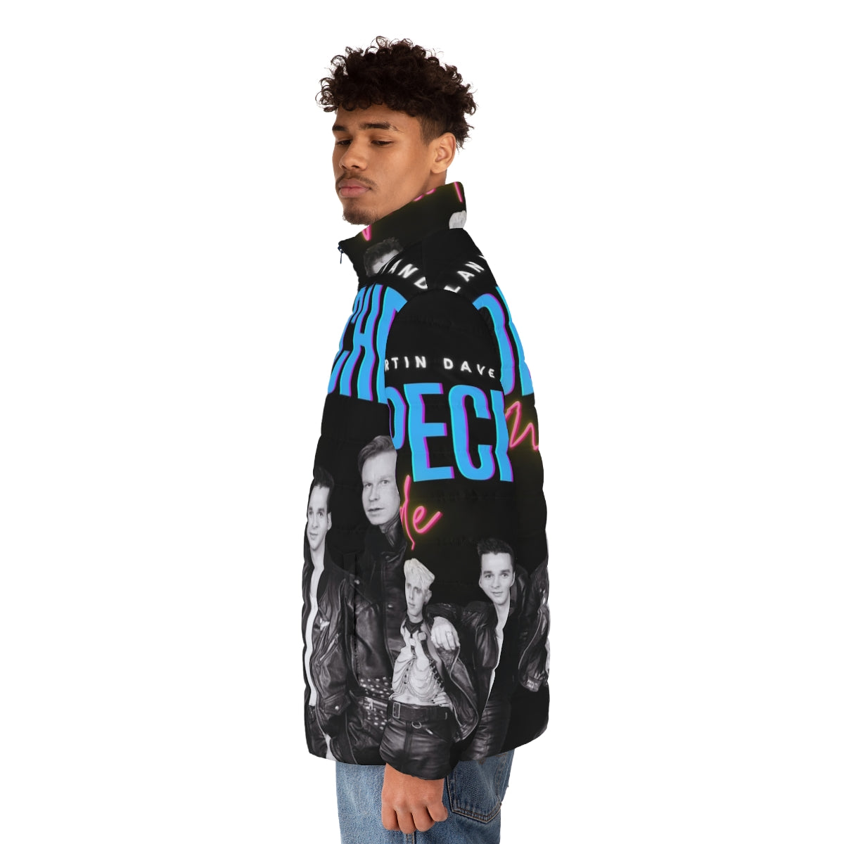 Depeche Mode inspired black puffer jacket with 80s synth-pop design - men side left