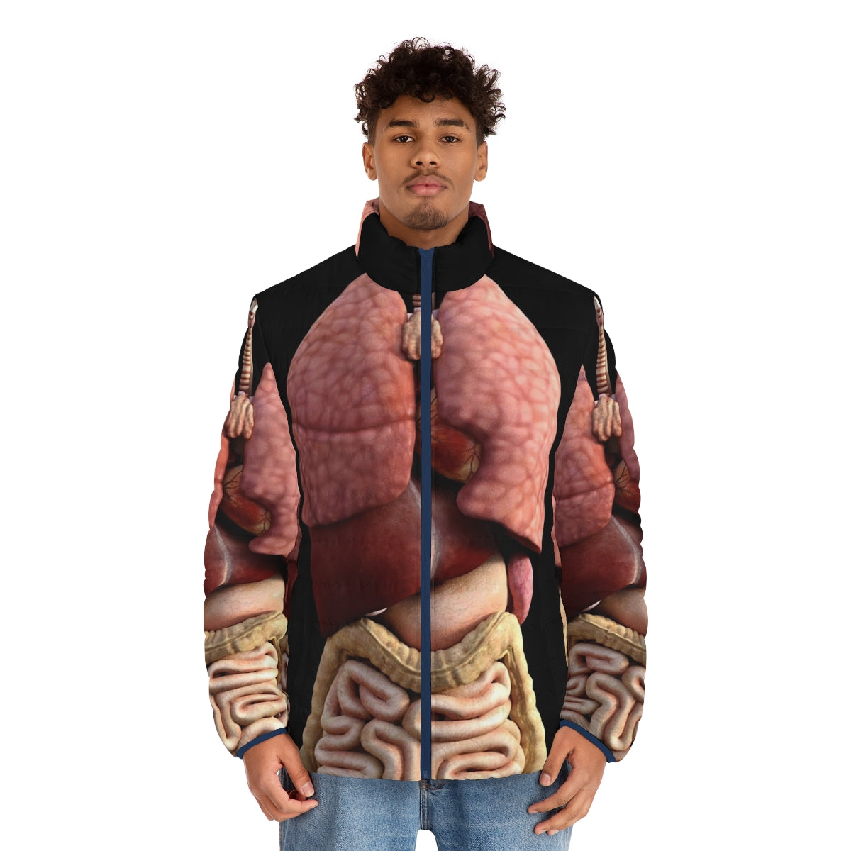 3D Internal Organs Puffer Jacket - Humorous Medical Apparel with Human Anatomy Design - men front