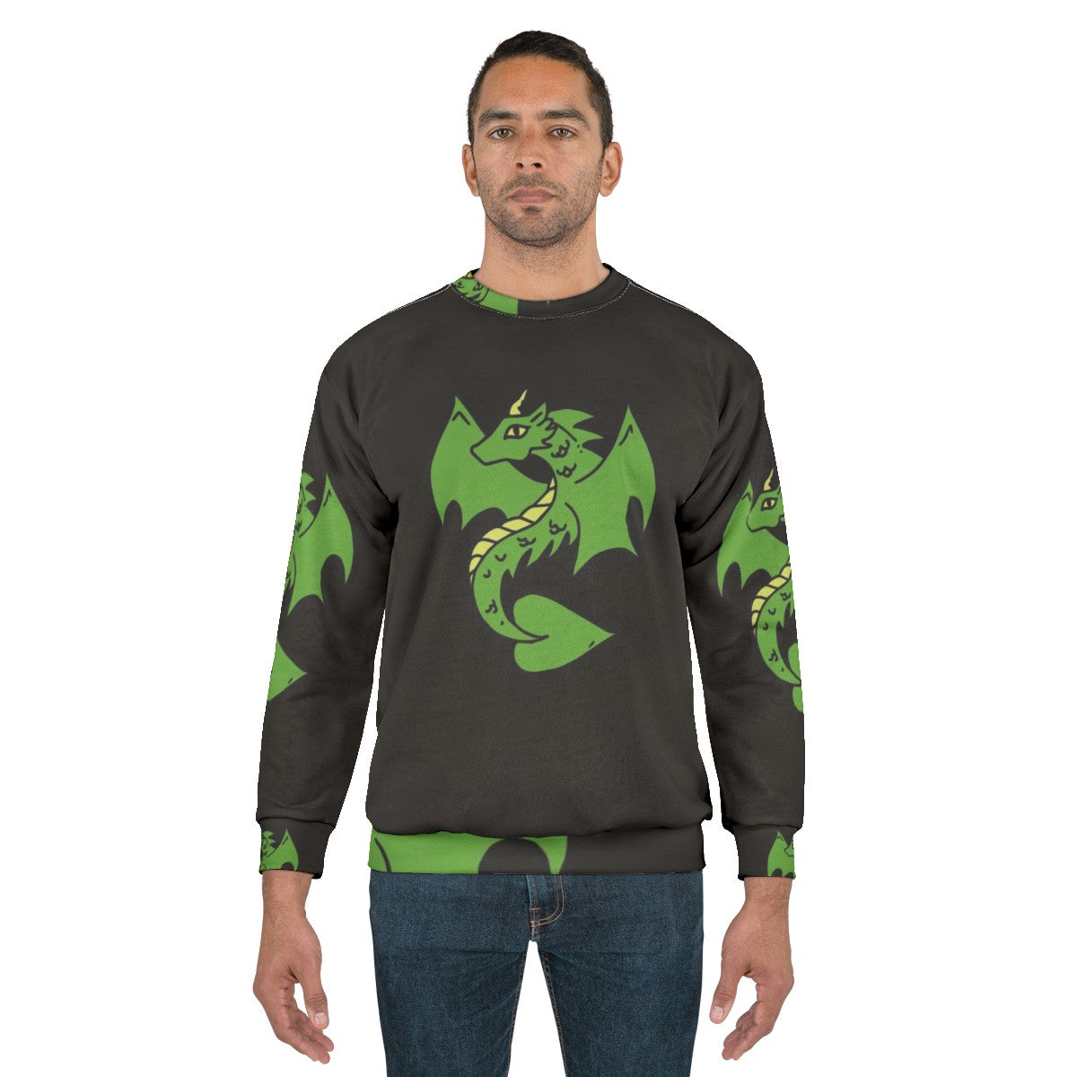 Green dragon design on a cozy sweatshirt for fantasy enthusiasts - men