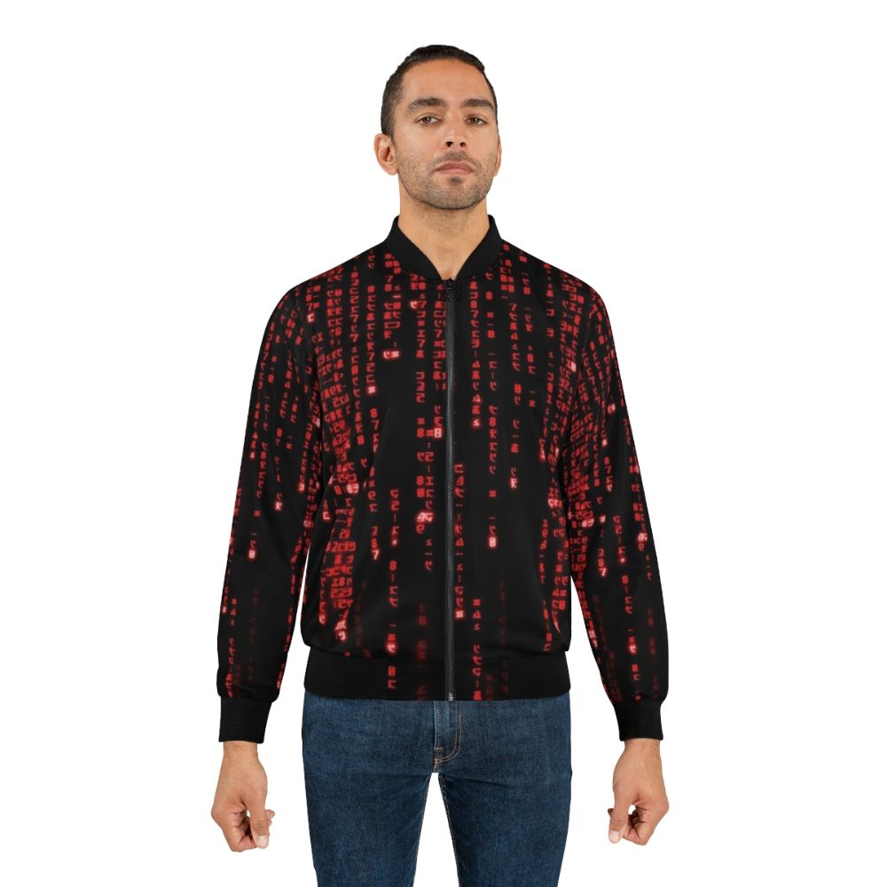 A red bomber jacket featuring a matrix-style binary code graphic design, perfect for tech enthusiasts and fans of futuristic fashion. - Lifestyle