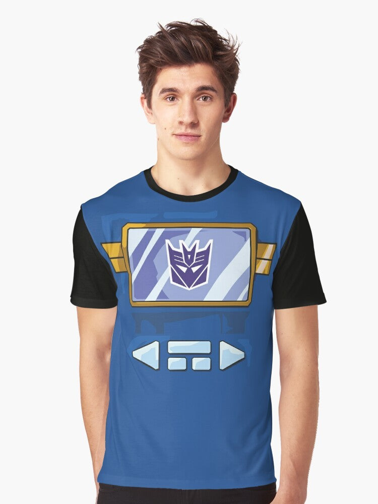 Retro Soundwave graphic design on a black t-shirt for Transformers fans - Men