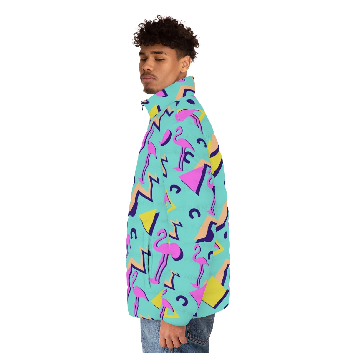 80s Memphis Pattern Puffer Jacket with Retro Pop Art Design - men side left