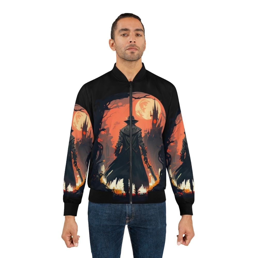 Bloodborne hunter eldritch horror bomber jacket with fiery, gothic design - Lifestyle