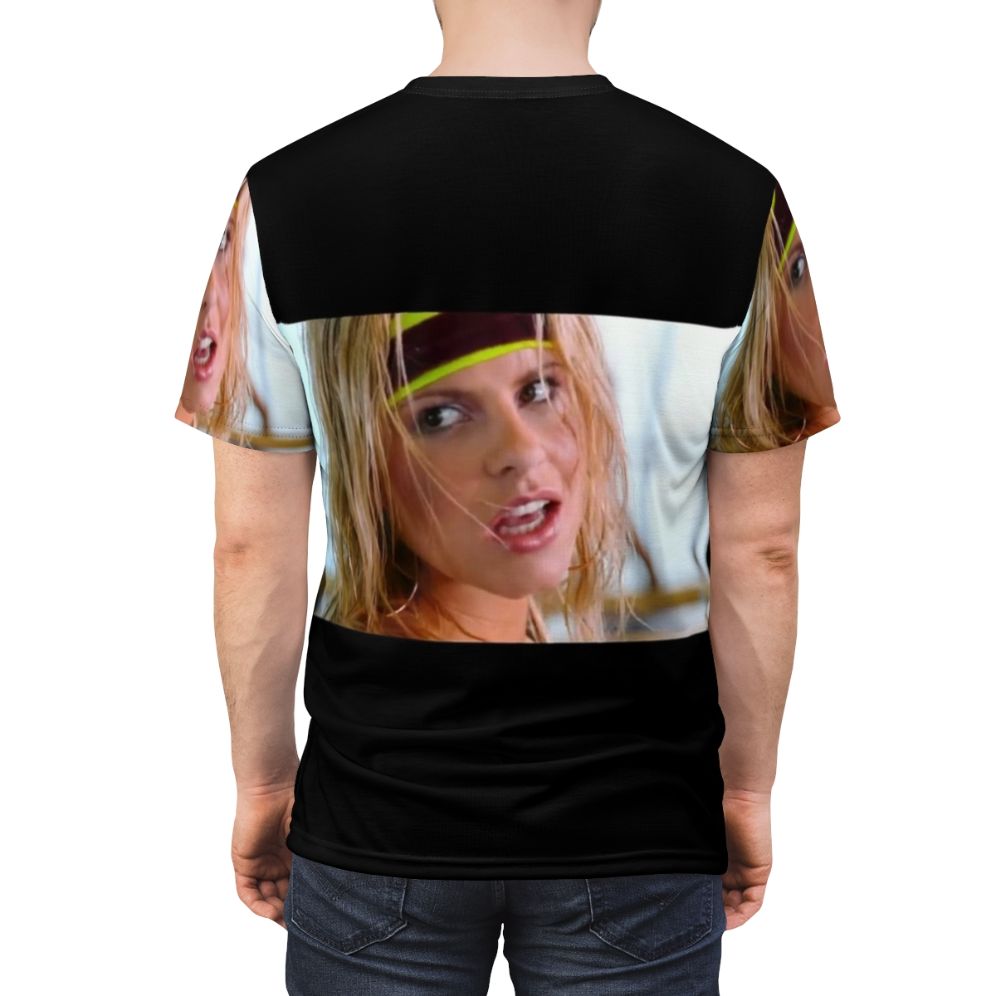 Woman wearing a vibrant t-shirt featuring the iconic "Call On Me" electronic dance music design - men back