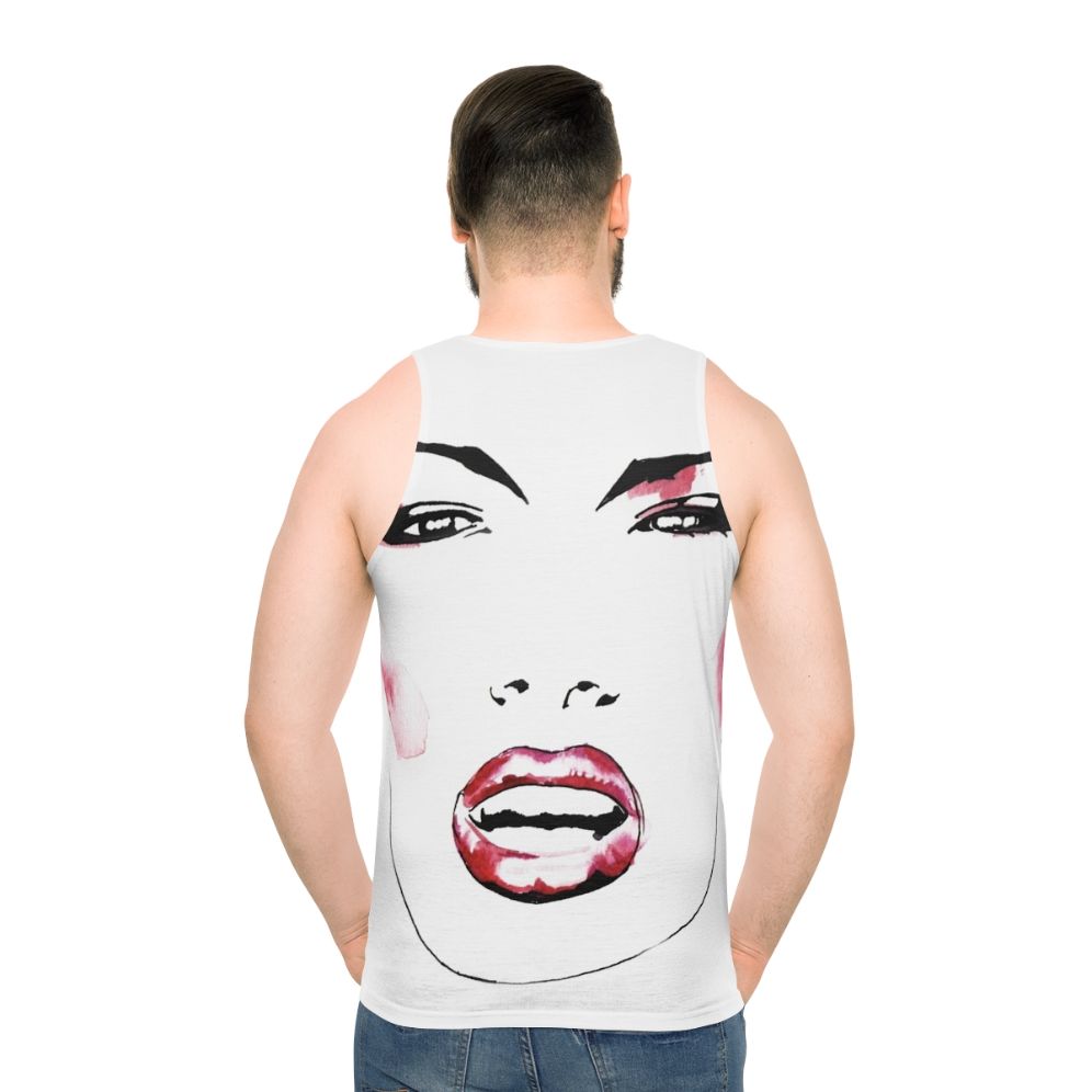 Grace Jones wearing a black and white portrait tank top - men back