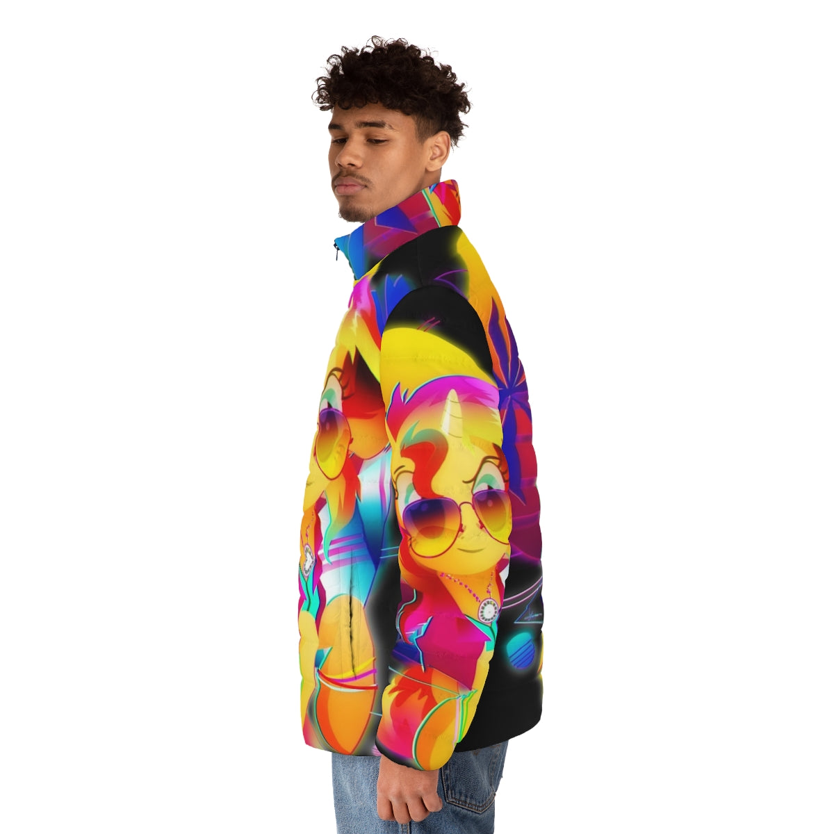 Sunset Shimmer inspired synthwave puffer jacket with retro 80s neon vaporwave design - men side left