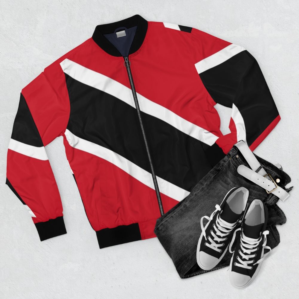 Trinidad and Tobago Flag Bomber Jacket with national flag design - Flat lay