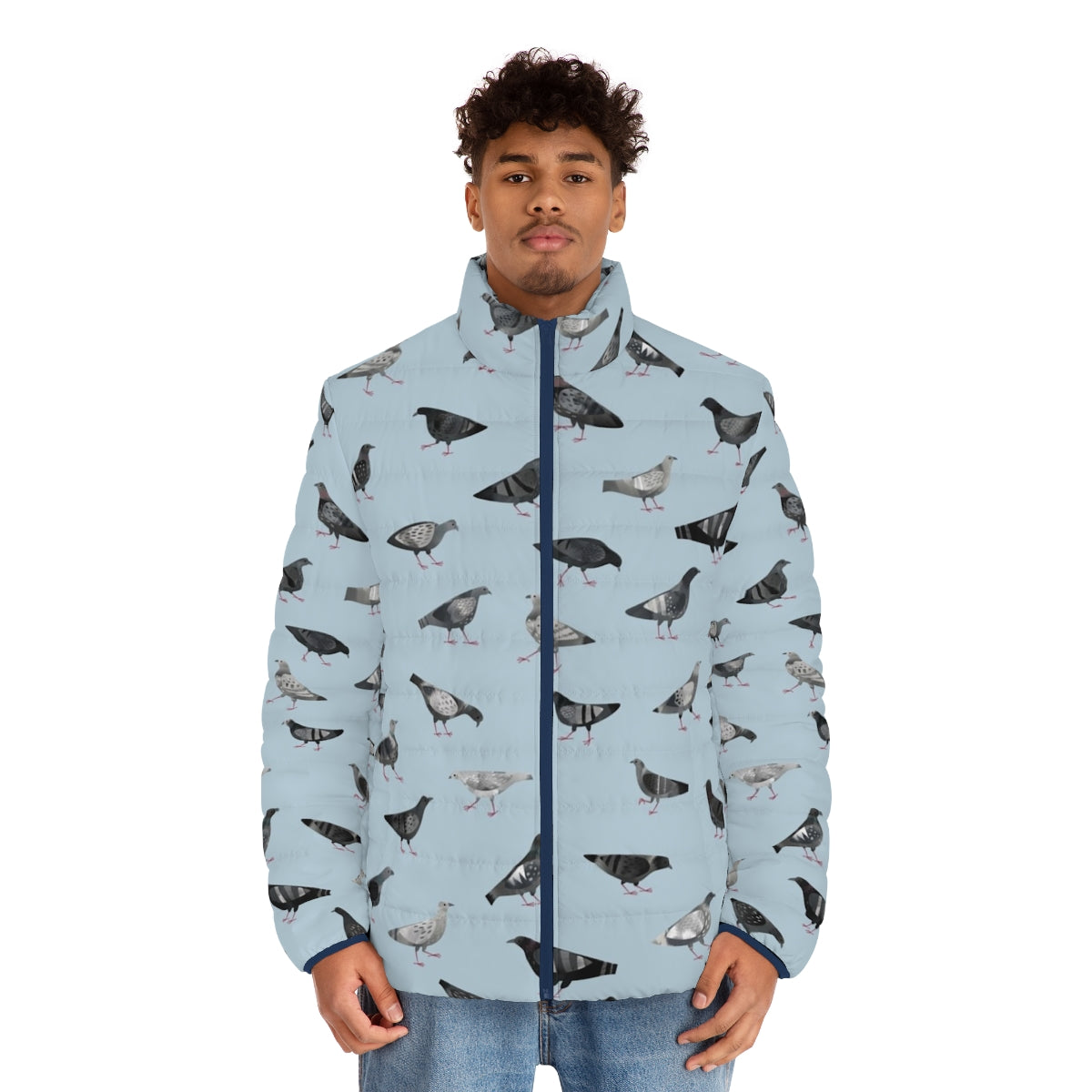 Puffer jacket with a repeating pattern of pigeons and doves in shades of gray - men front