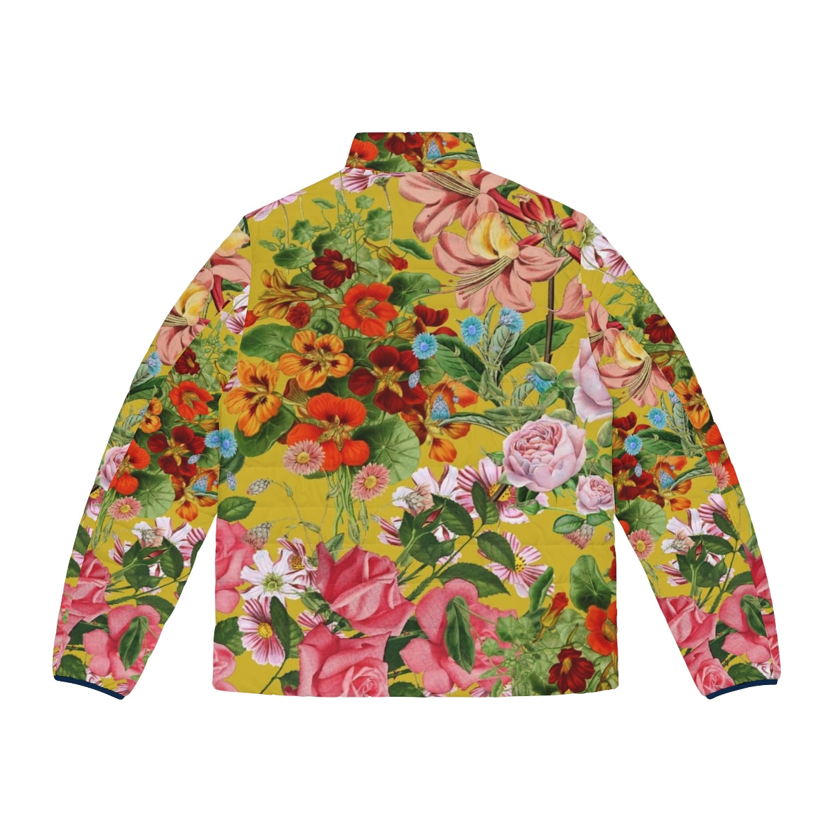 Floral pattern on yellow background puffer jacket - Back