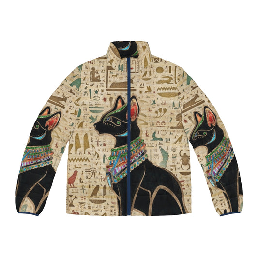 Vintage Egyptian Hieroglyphs Gold Puffer Jacket with Black Pharaoh Design