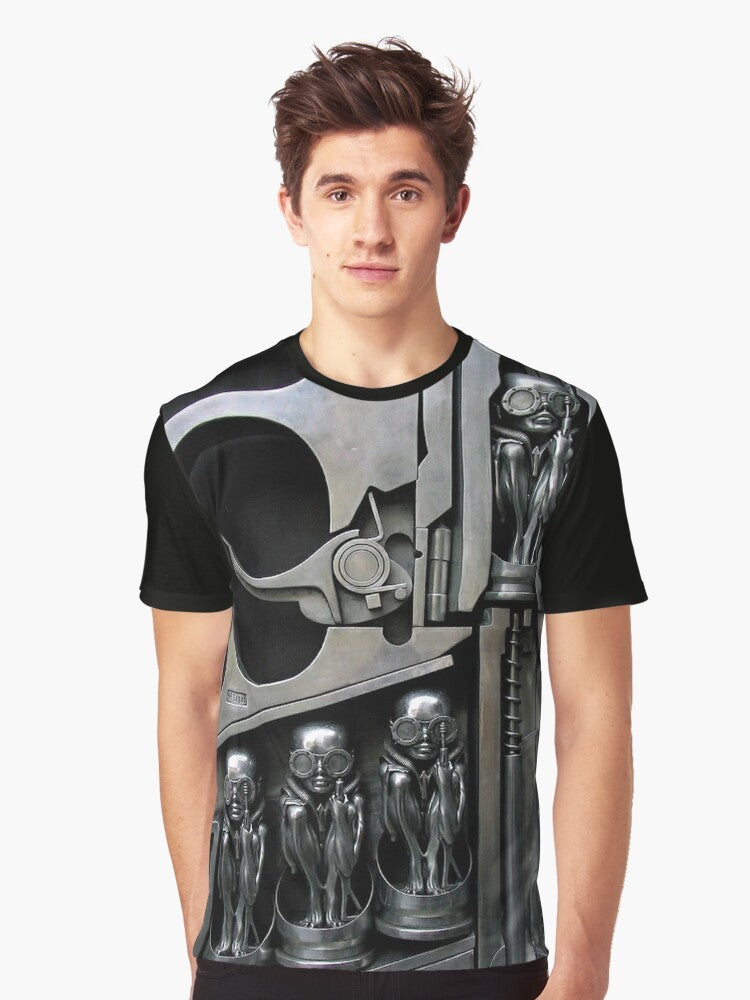 H.R. Giger inspired t-shirt featuring a graphic design of a female sculpture with machinery and alien elements - Men