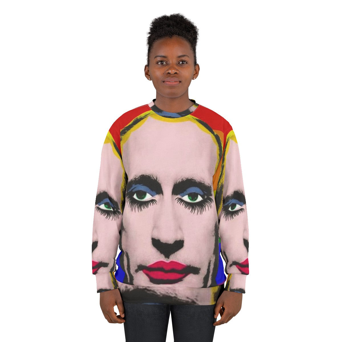 Gay Putin Pride Flag Sweatshirt featuring drag queen imagery as protest art - women