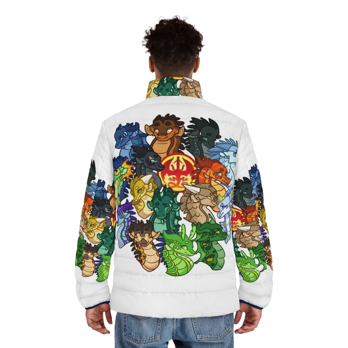 Wings of Fire Puffer Jacket featuring dragons and characters from the fantasy book series - men back