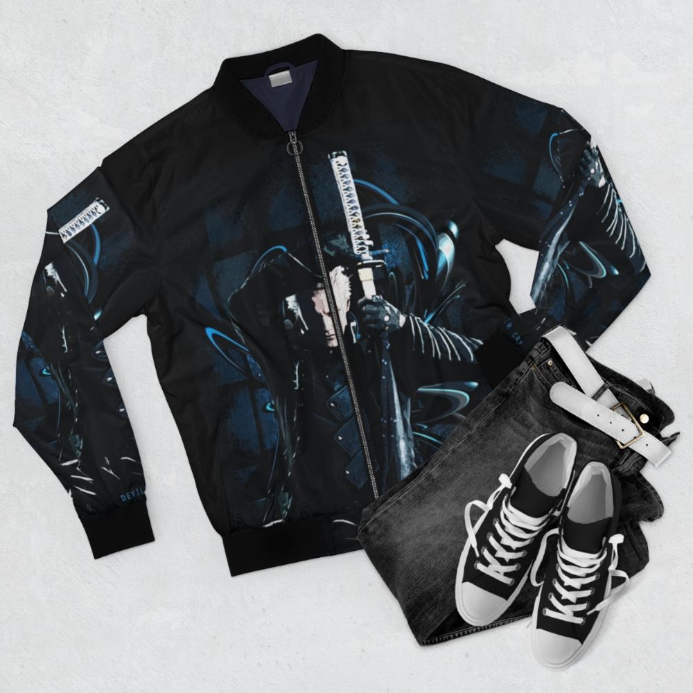 Devil May Cry inspired bomber jacket with demon and angel design elements - Flat lay