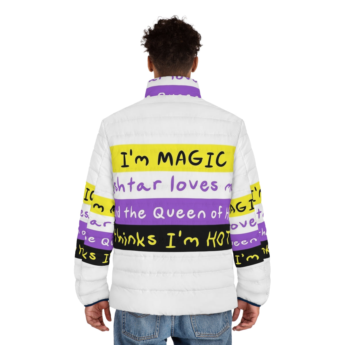 Ishtar-inspired nonbinary puffer jacket with magic and pride design - men back