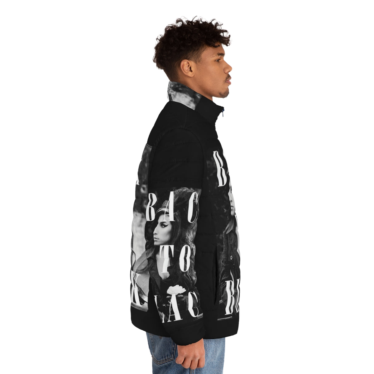 Black puffer jacket with vintage Amy Winehouse soul music inspired design - men side right