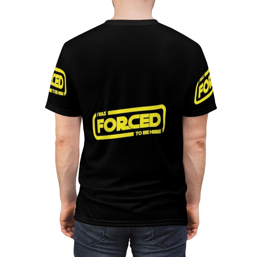 Space sci-fi t-shirt with "Forced to Be Here" design - men back