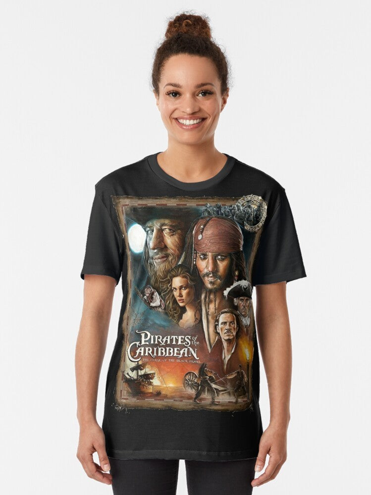 Graphic t-shirt featuring the iconic "Pirates of the Caribbean: The Curse of the Black Pearl" movie design - Women