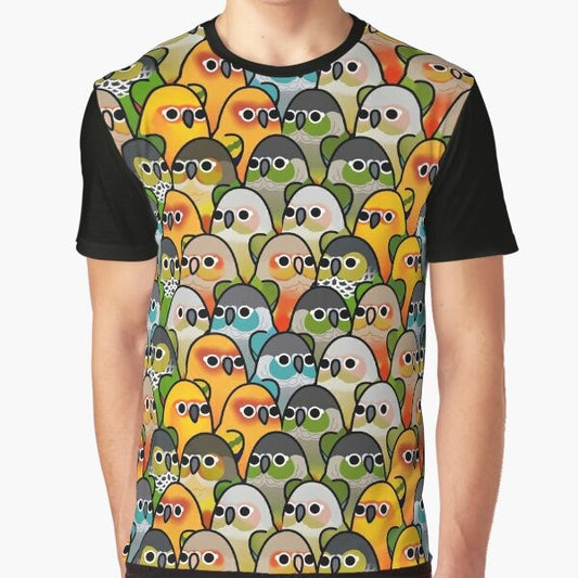 Conure Squad Bird Graphic T-Shirt, featuring a colorful flock of birds