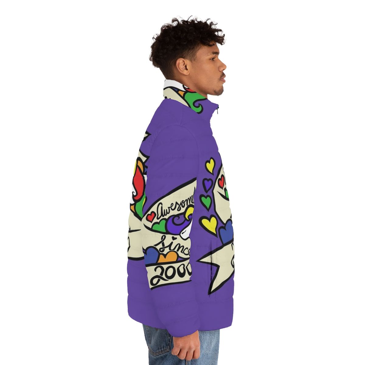 Awesome Since 2007 Puffer Jacket featuring a unicorn design - men side right