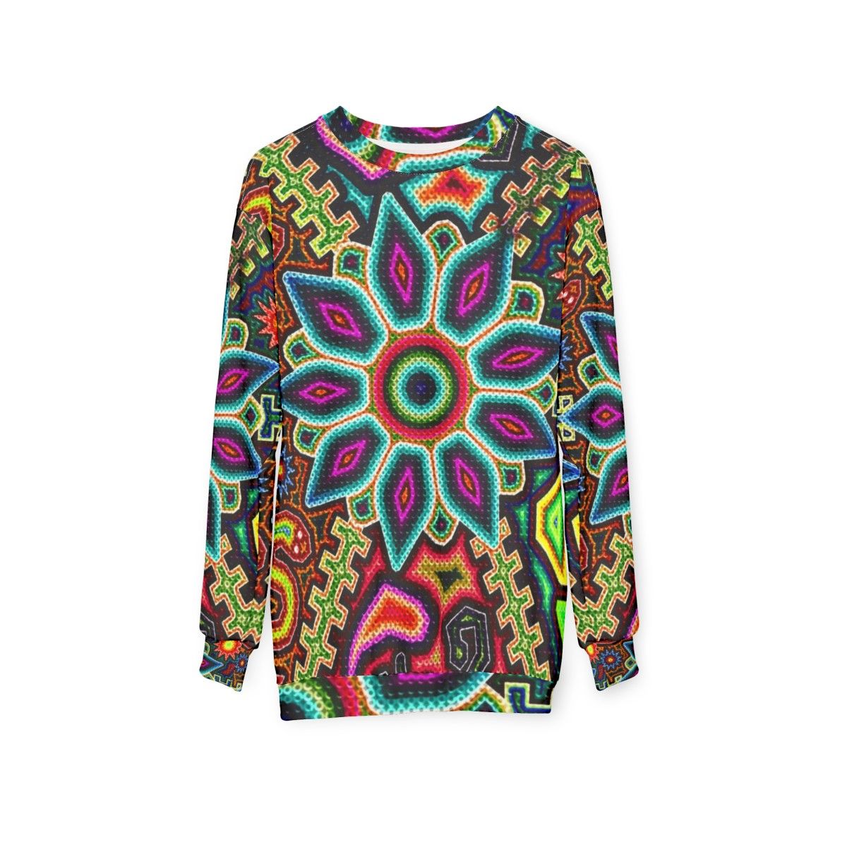 Huichol art inspired Mexican sweatshirt with vibrant colors and prehispanic design - hanging