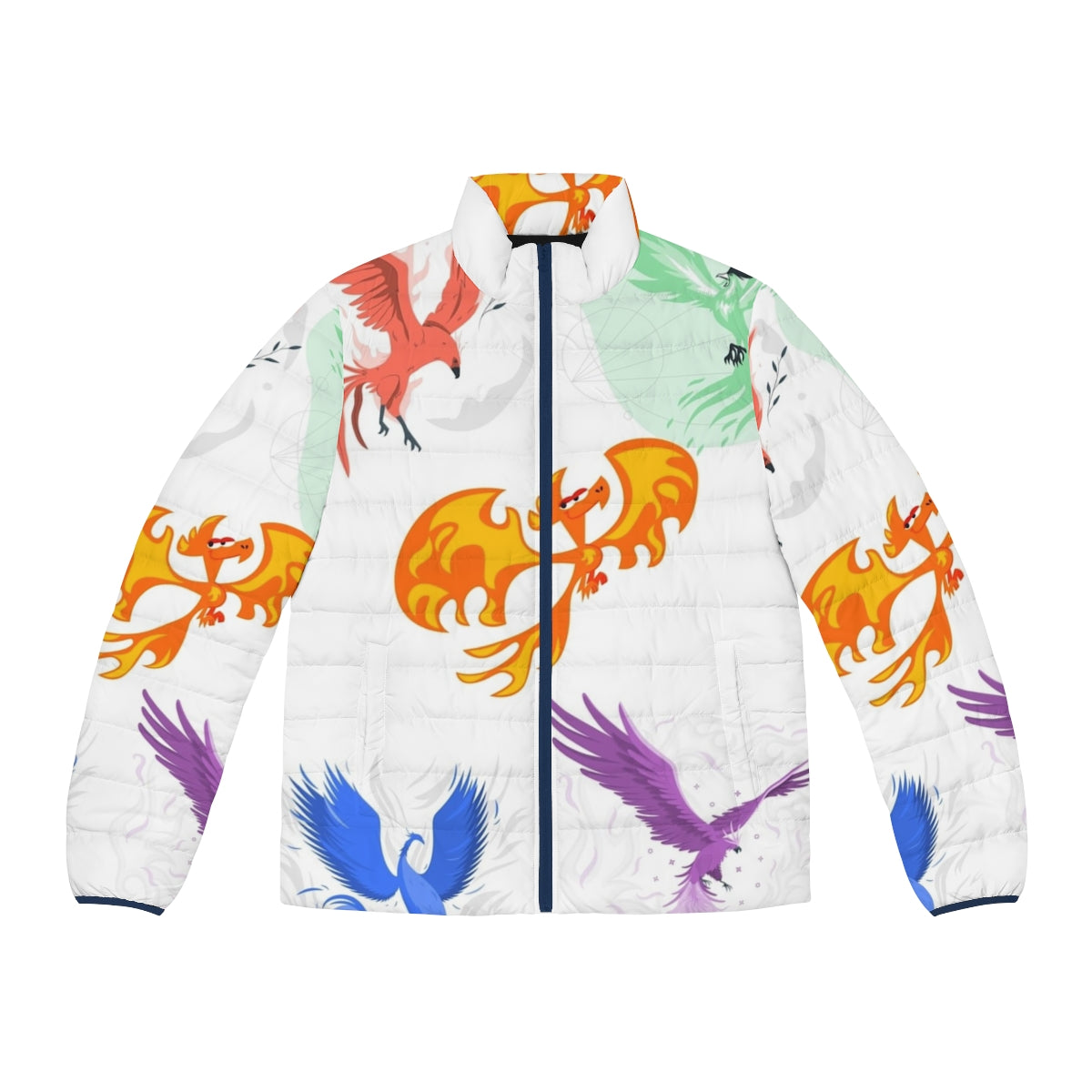 Puffer jacket featuring a majestic phoenix, a legendary mythical creature