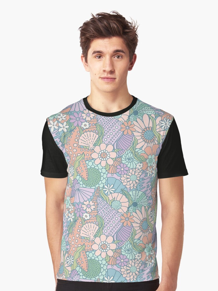 Ocean Garden Mermaid Cove Graphic T-Shirt featuring whimsical floral and seashell designs - Men