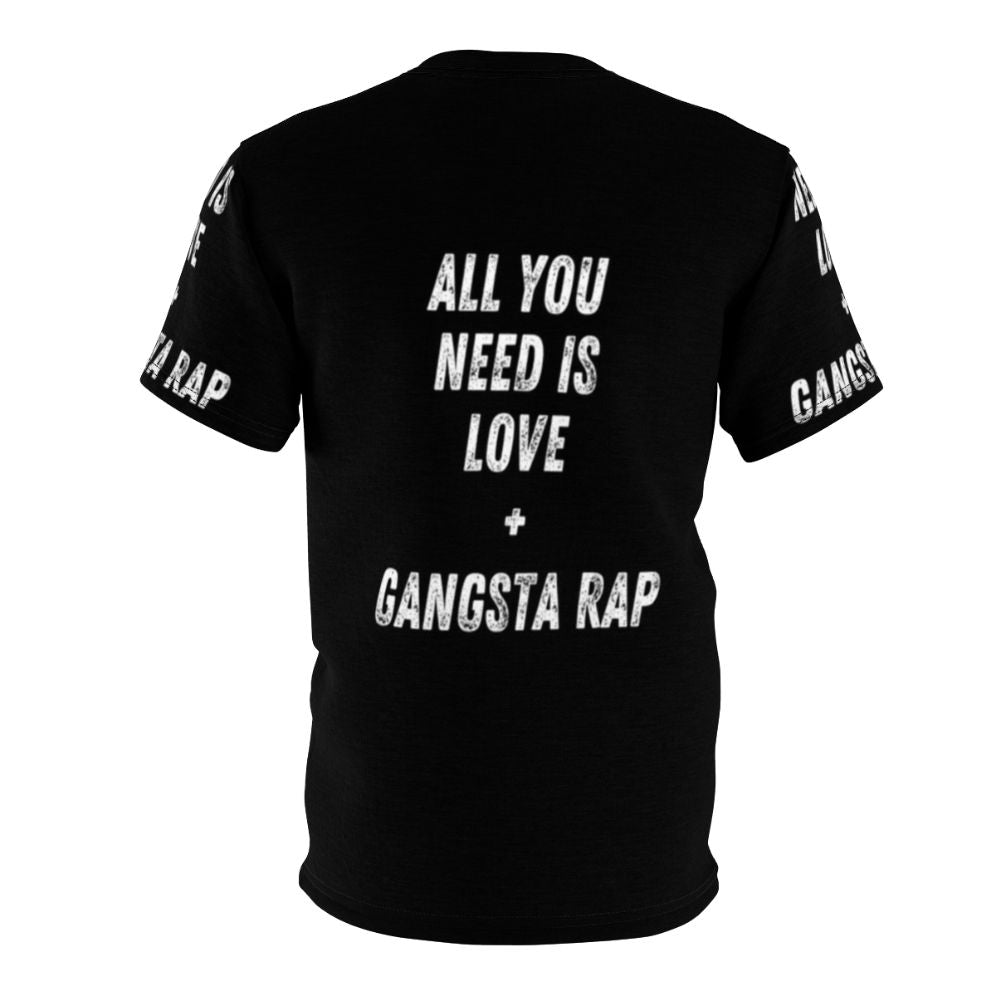 Mockup of a t-shirt design featuring the text "All You Need Is Love And Gangsta Rap" in a playful, typographic style. - Back