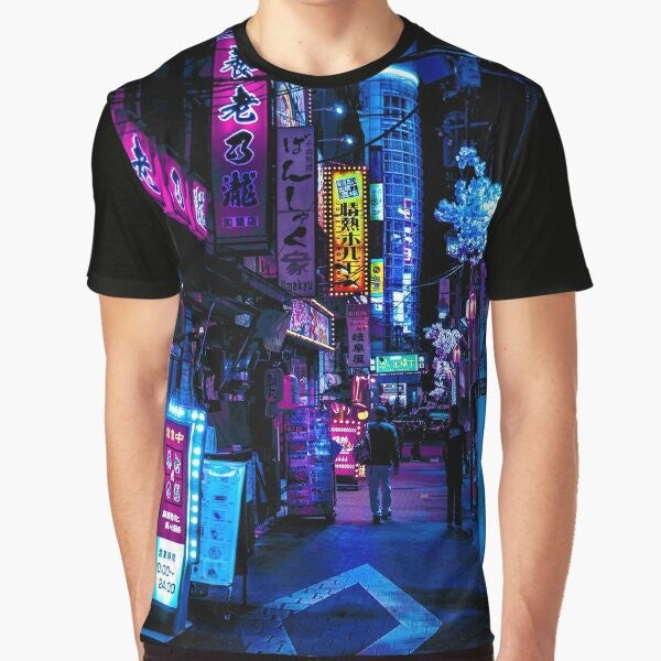 Vibrant blue Tokyo alley graphic with neon lights, cyberpunk and sci-fi inspired design.