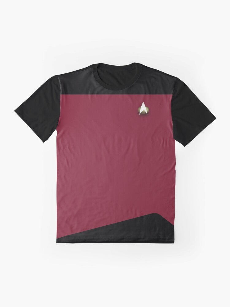 Futuristic command graphic t-shirt with science fiction and space travel design - Flat lay