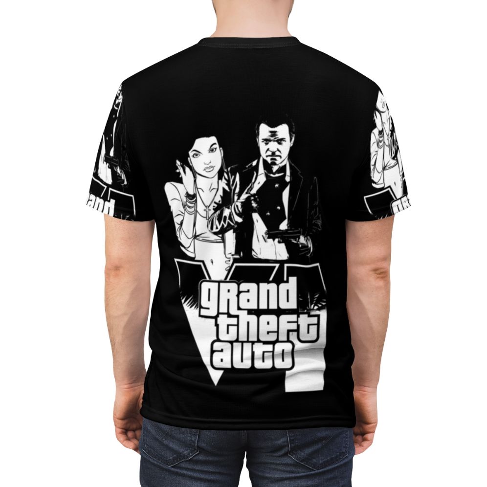 Retro gaming inspired t-shirt design featuring elements from the Grand Theft Auto video game series - men back