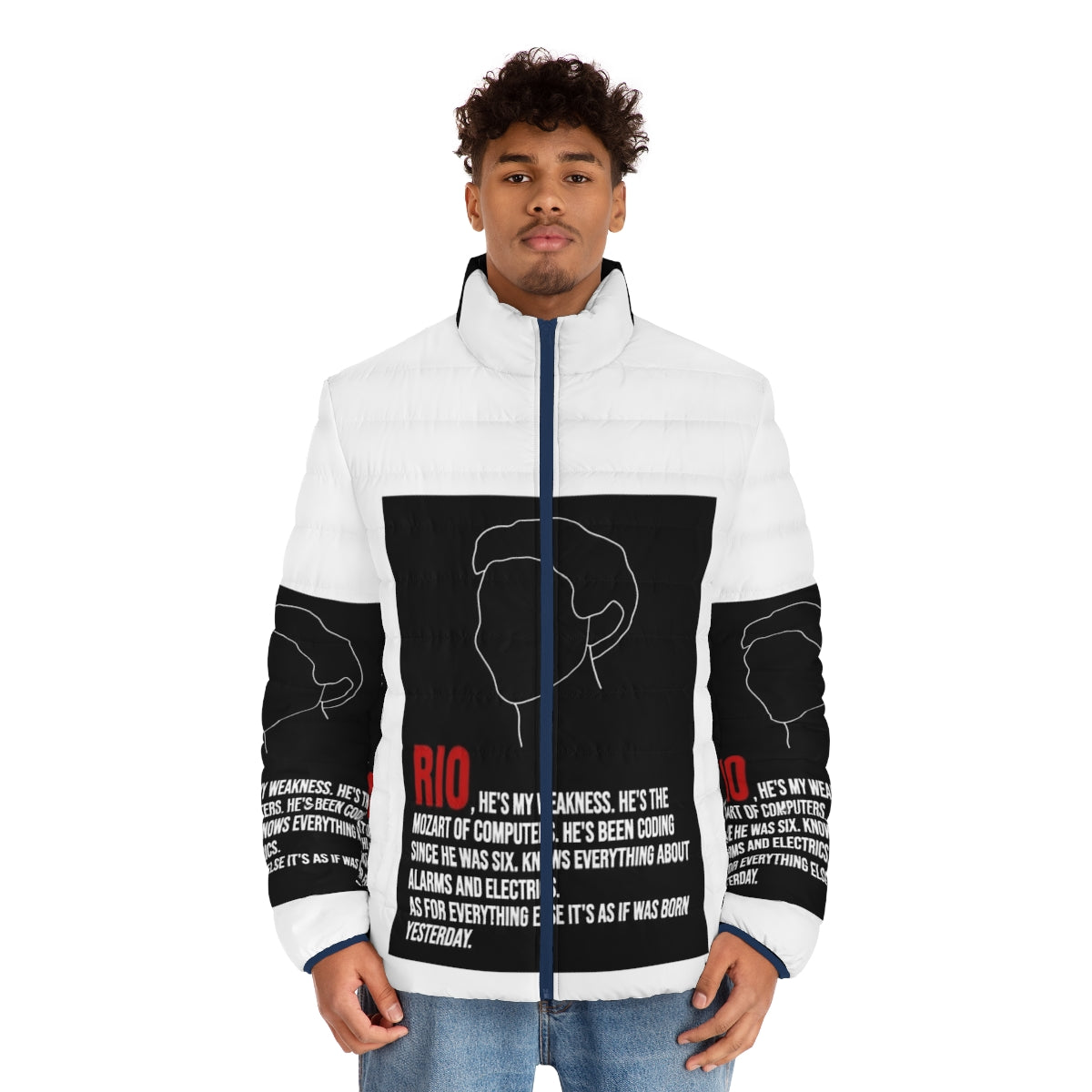 Money Heist Rio Puffer Jacket with House of Money lineart design - men front