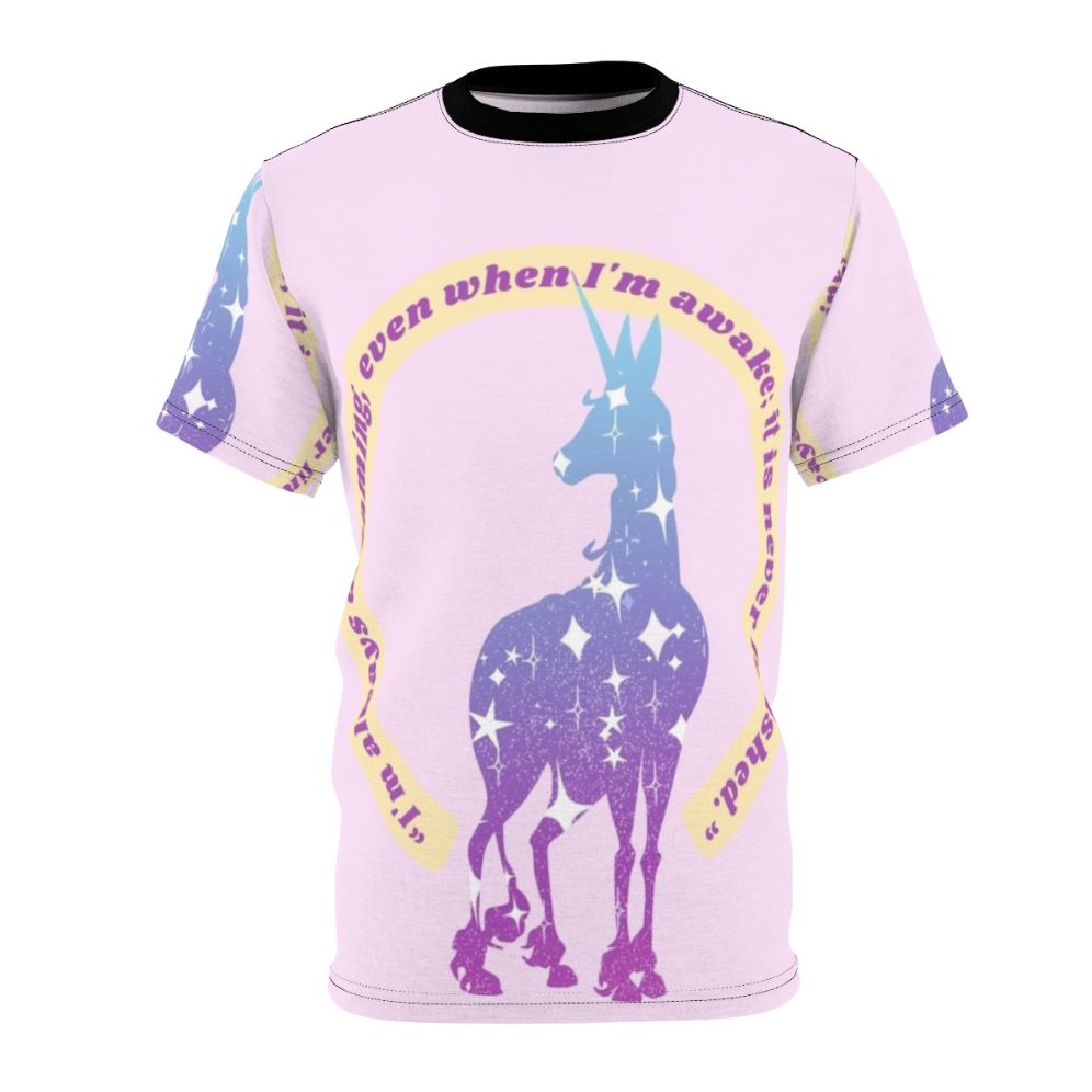 Artistic depiction of Lady Amalthea, the last unicorn, in a dreamy 80s fantasy design on a high-quality t-shirt