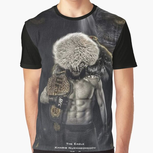 Khabib Nurmagomedov, the undefeated UFC lightweight champion and GOAT, featured on a graphic t-shirt design.