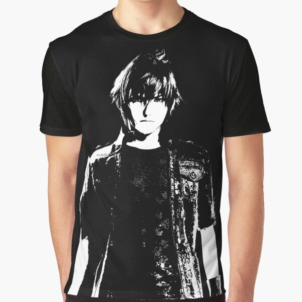 Weathered Noctis from Final Fantasy XV graphic design on a black t-shirt