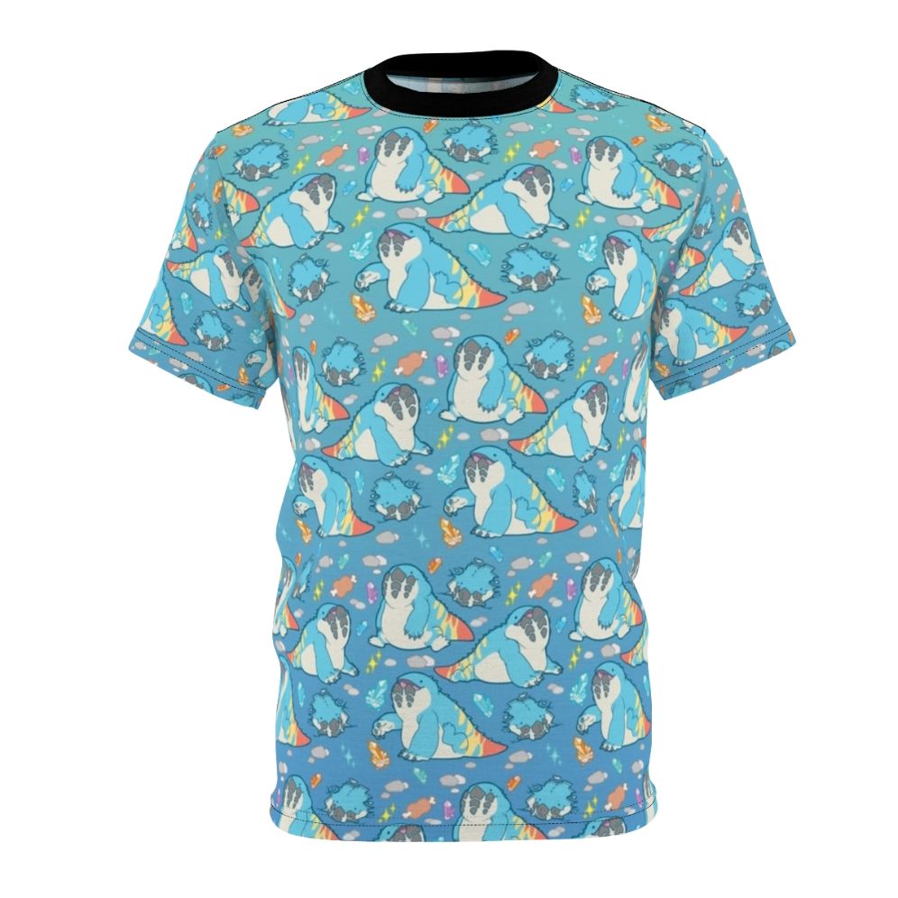 Colorful all-over print t-shirt featuring the Dodogama monster from the Monster Hunter video game series